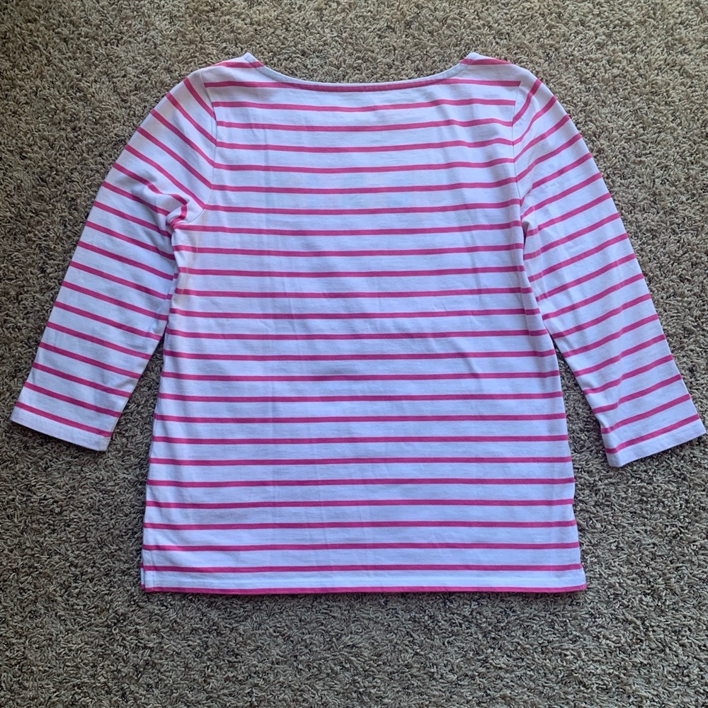 Talbots White Pink Striped Vacation Embroidered Knit  3/4 Sleeve Tee Like New - Picture 5 of 8